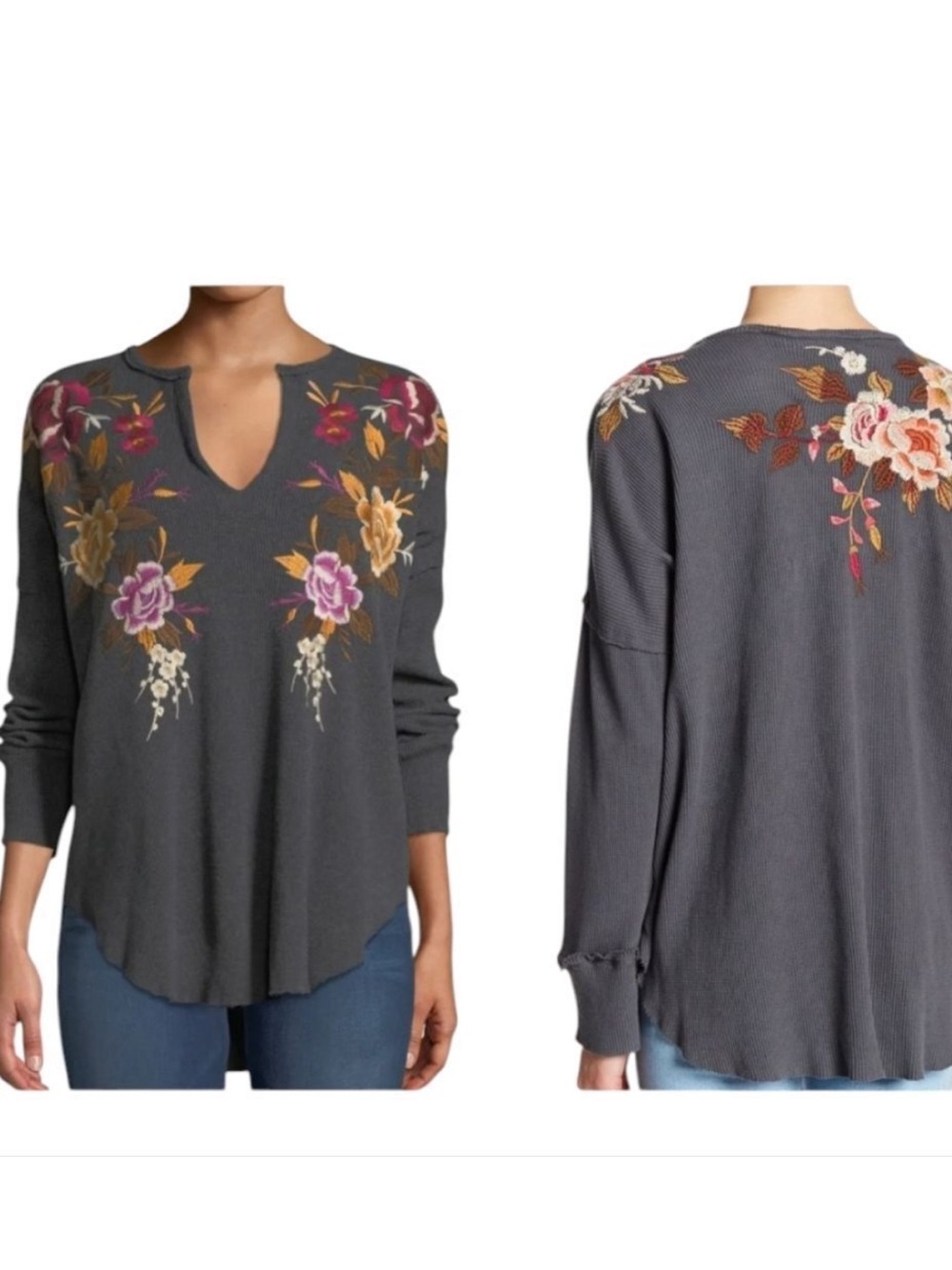 Johnny Was Zosia Floral Embroidered Thermal Top | Gray